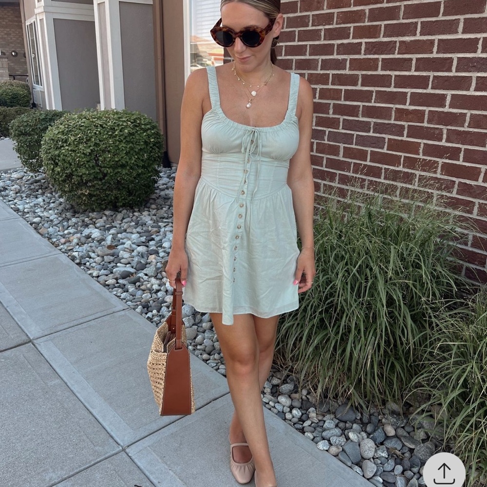 NWT BDG Green Mini Dress Milkmaid Corset Sleeveless Buttons Small Bow